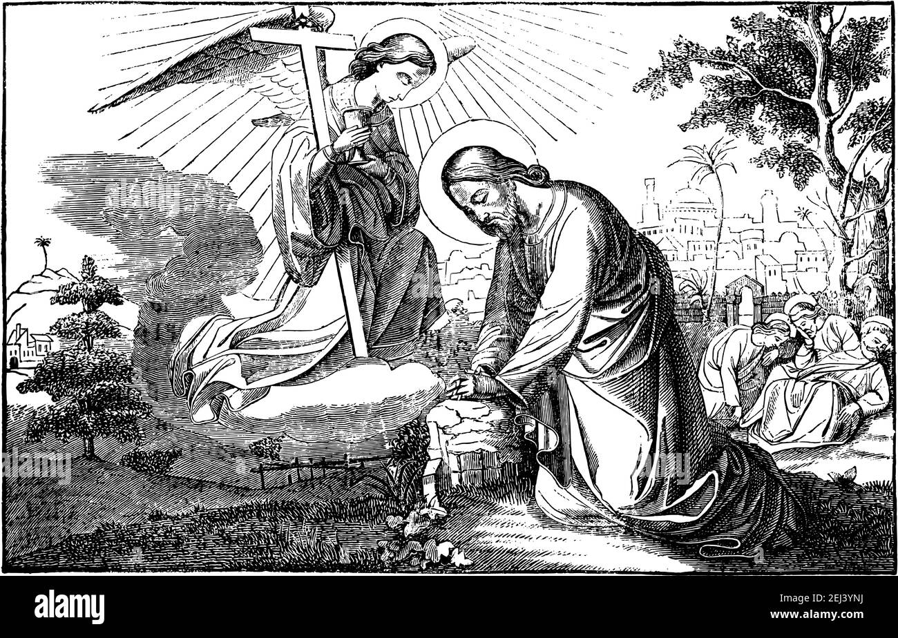 Gesù prega in Getsemani e parla con l'angelo. I discepoli stanno cadendo a sleep.Vintage disegno antico. Bibbia, nuovo Testamento. Illustrazione Vettoriale