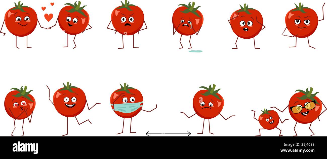 Set di simpatici pomodori con diverse emozioni Illustrazione Vettoriale