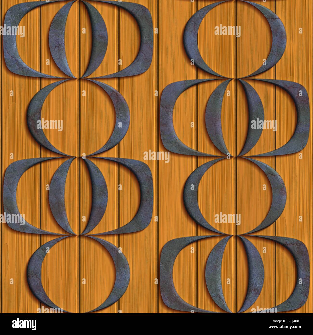 Rendering 3D di piastrelle di fondo senza cuciture in plastica con goffratura metallica elemento su base in legno Foto Stock