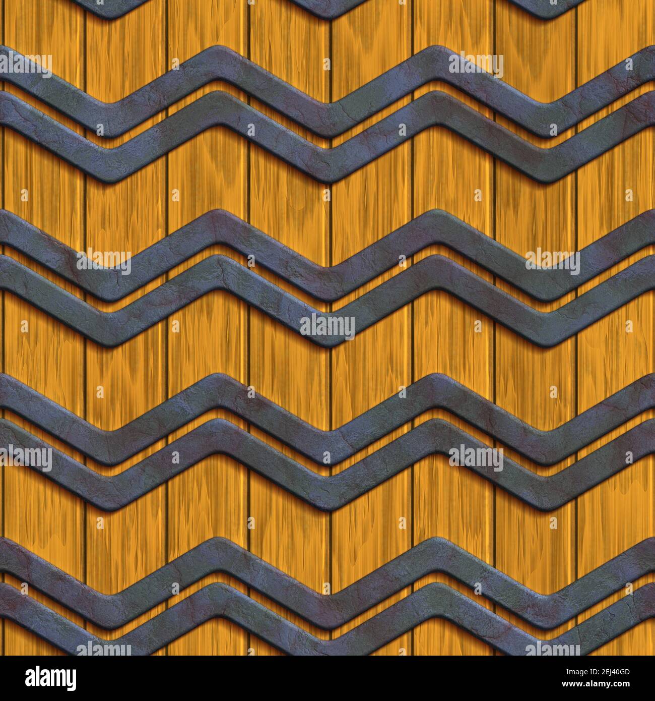 Rendering 3D di piastrelle di fondo senza cuciture in plastica con goffratura metallica elemento su base in legno Foto Stock