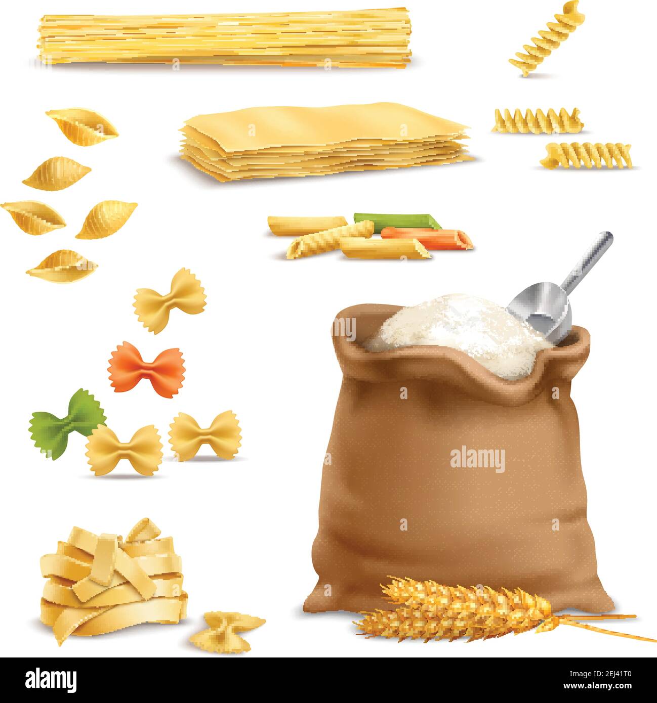 Set di icone realistiche con pasta, zittelle di grano, sacco di farina con paletta in metallo isolato illustrazione vettoriale Illustrazione Vettoriale
