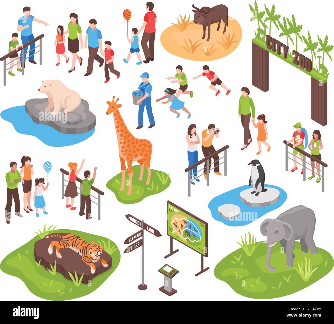 Lo zoo cittadino è dotato di un set isometrico con i bambini e i loro genitori che guardano animali e fotografandoli isolati illustrazione vettoriale Illustrazione Vettoriale
