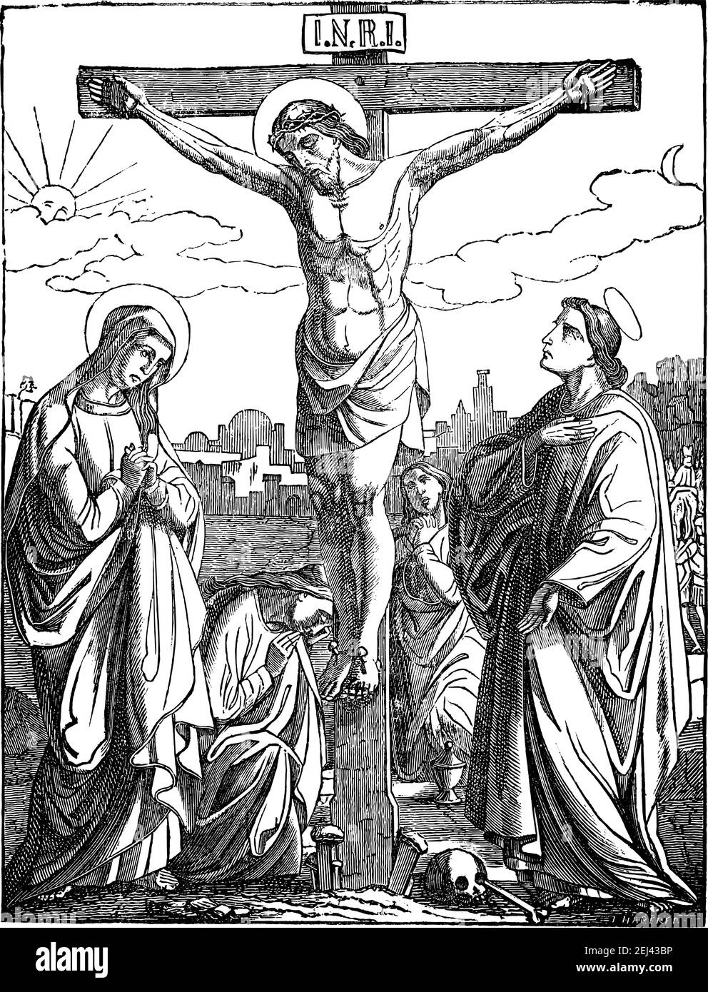Gesù Cristo crocifisso muore sulla croce. Crocifissione. Disegno antico d'epoca. Bibbia, nuovo Testamento. Illustrazione Vettoriale