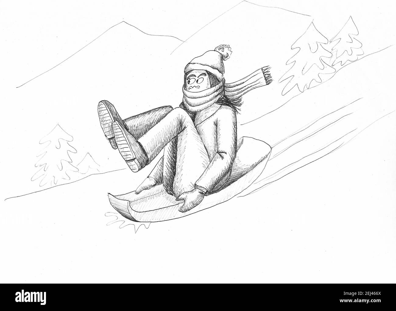 Donna che scivola sulla neve in una slitta. Illustrazione. Foto Stock