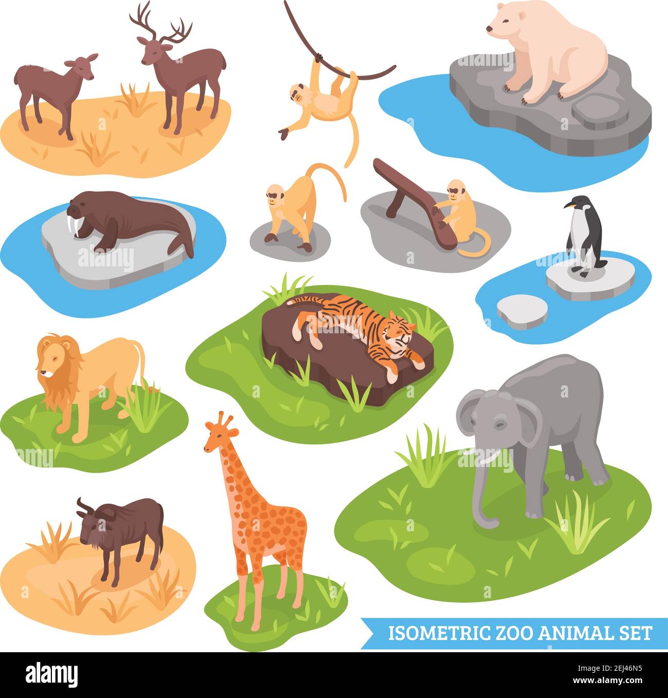 Icone decorative dello zoo isometrico insieme di animali che vivono in africa artico e asia deserto isolato illustrazione vettoriale Illustrazione Vettoriale