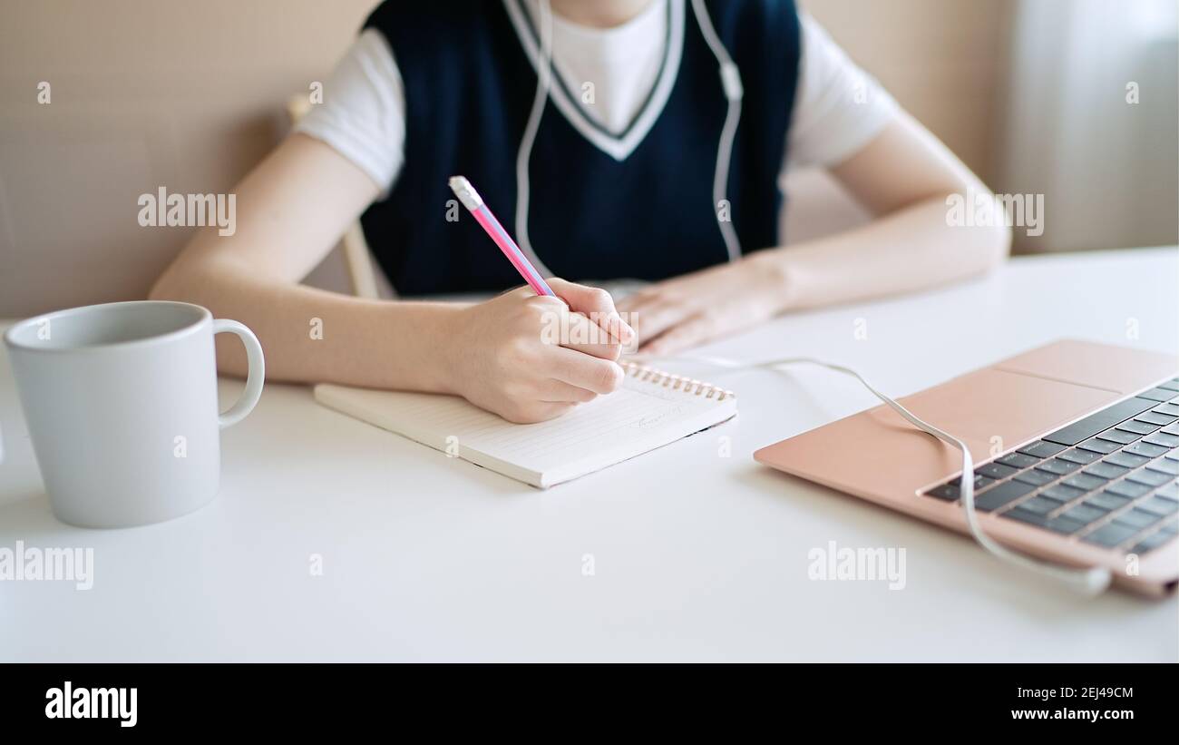 Adolescente ragazza seduta a tavola con libri e facendo compiti. Concetto di educazione, apprendimento a distanza, autoformazione, lezione di videoconferenza con tutor Foto Stock
