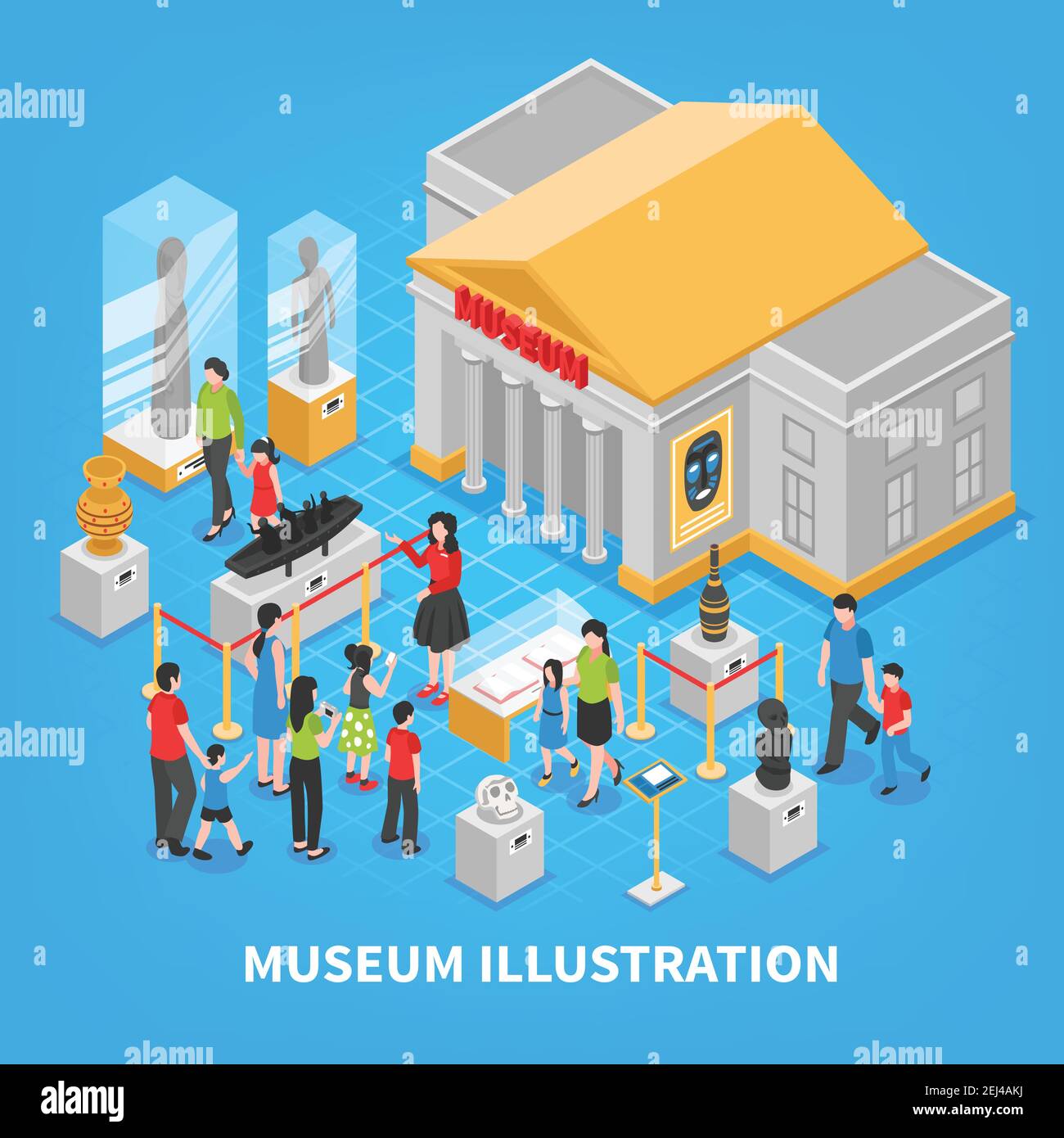 Museo composizione isometrica con edificio esterno, esposizione storica, visitatori adulti e bambini su sfondo blu illustrazione vettoriale Illustrazione Vettoriale