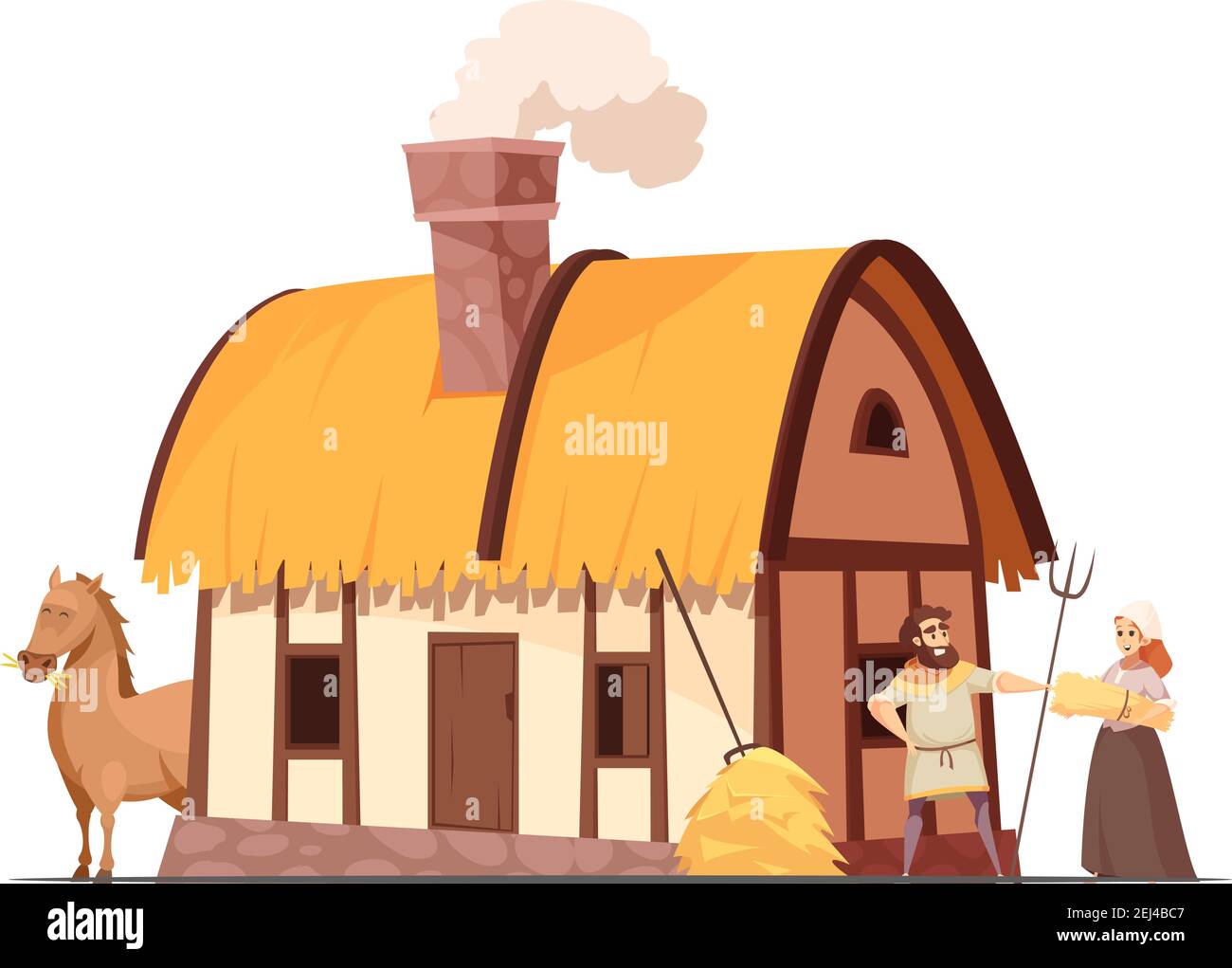 Famiglia contadino medievale con tetto casa cova cortile cavallo e stack di immagini vettoriali di fieno cartoon Illustrazione Vettoriale