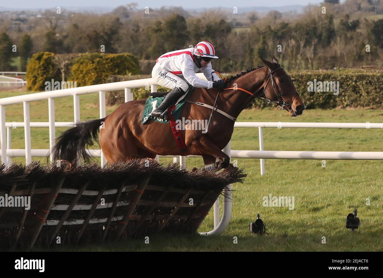 Alko Rouge guidato da Darragh o'Keeffe salta l'ultimo sulla strada per vincere l'hurdle Maiden dei membri Navan all'ippodromo di Navan. Data immagine: Domenica 21 febbraio 2021. Foto Stock