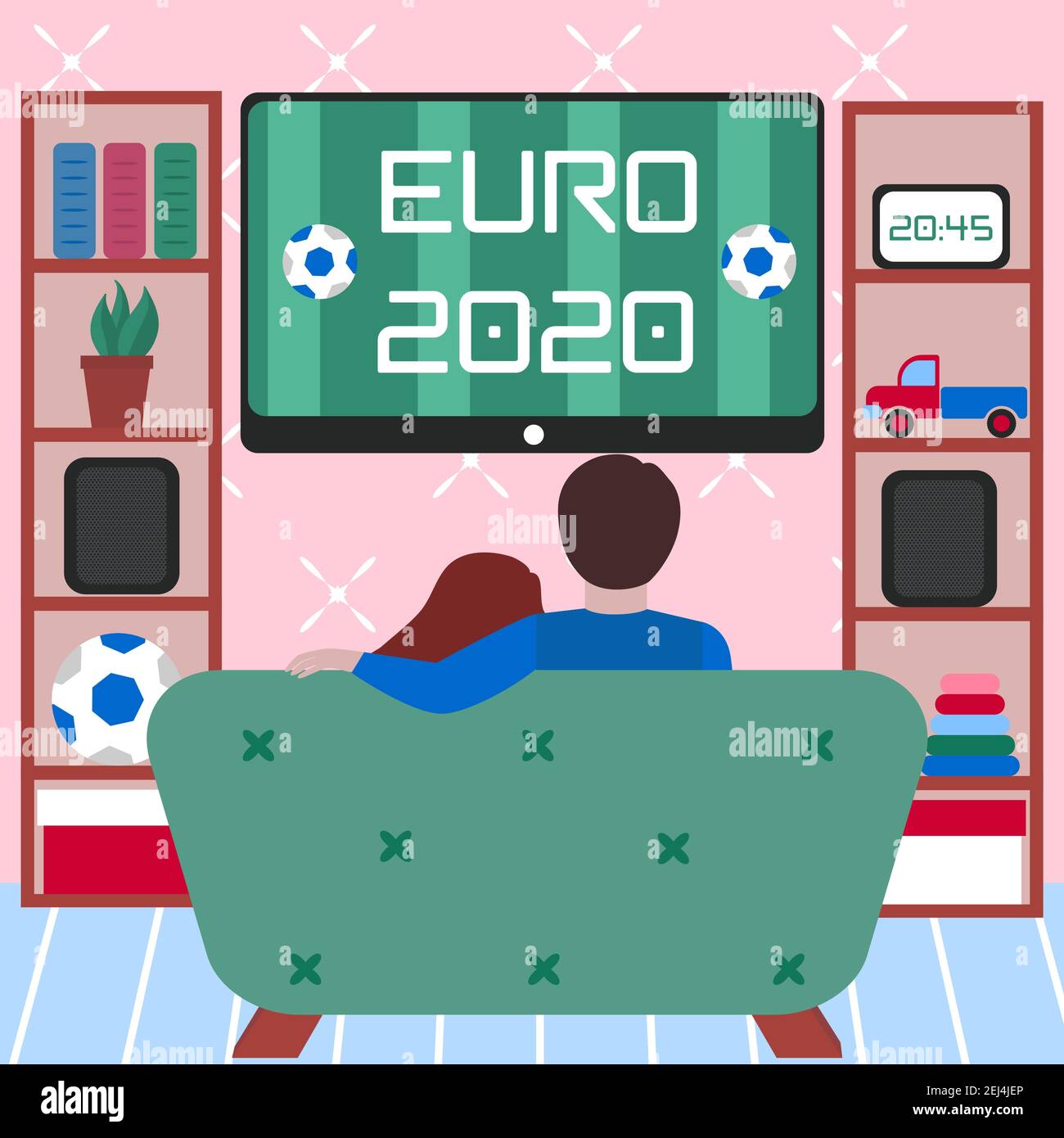 Coppia che guarda il campionato di calcio in TV nel vivo roon Illustrazione Vettoriale