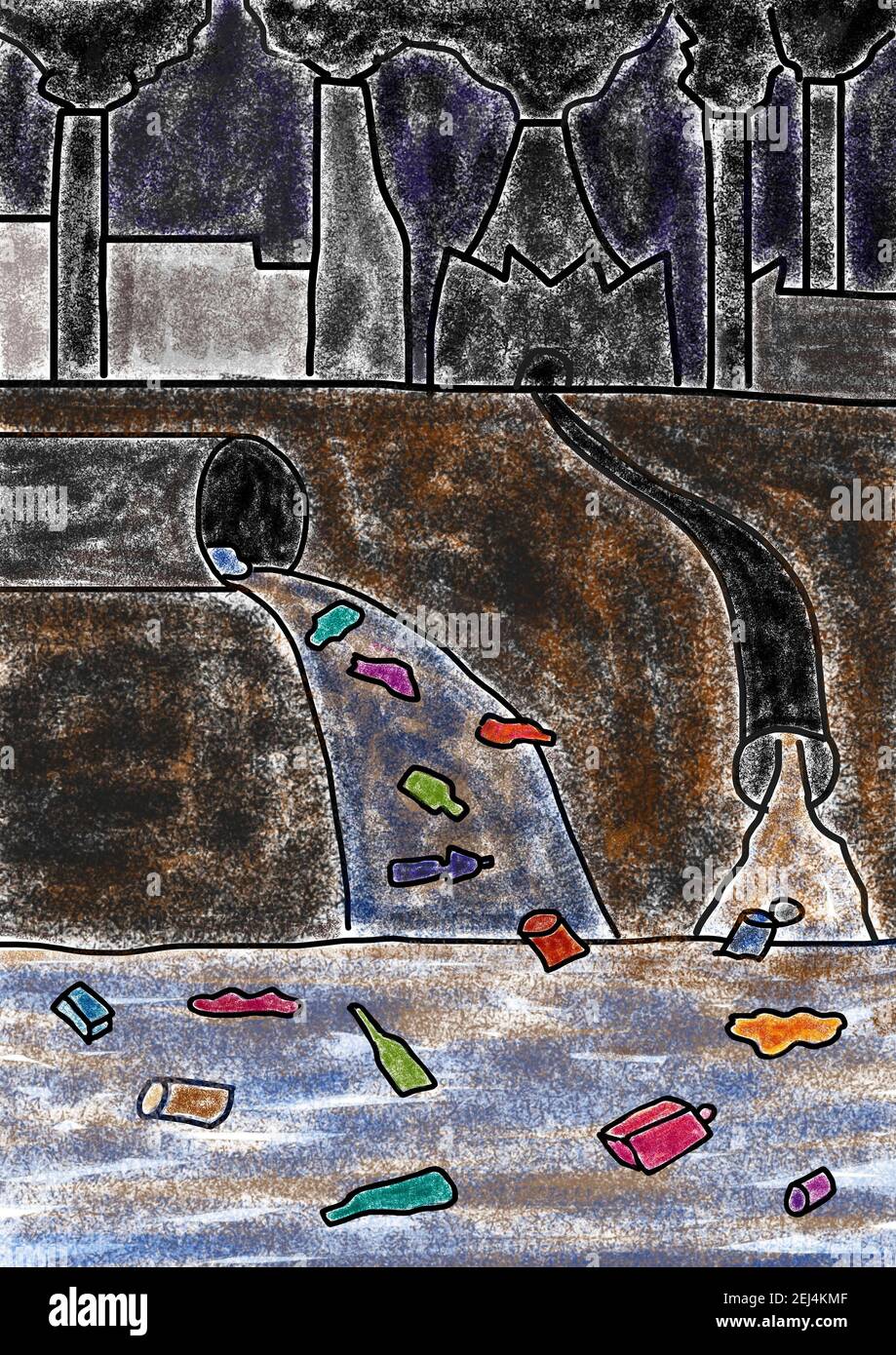 L'illustrazione ingenua, il disegno del bambino, i rifiuti di plastica e gli effluenti di fabbrica sono scaricati nei corpi idrici attraverso i tubi fognari, inquinamento, Austria Foto Stock