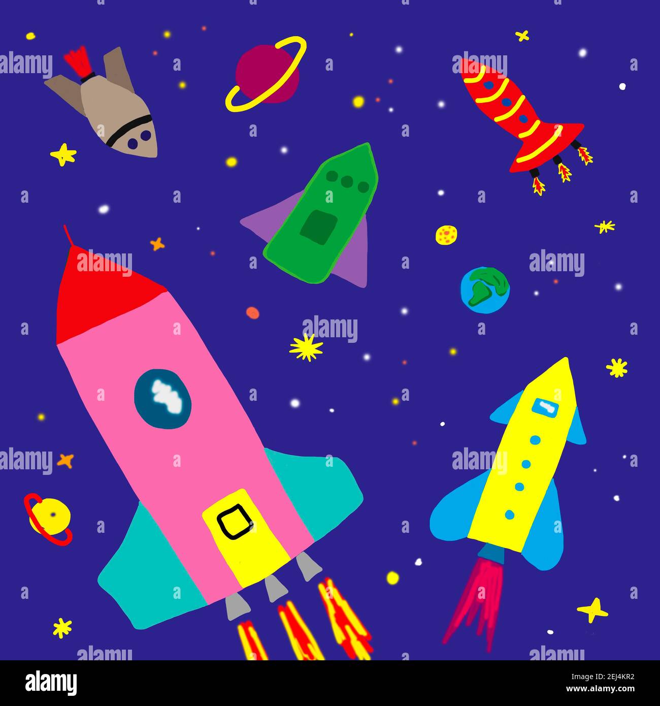 Illustrazione ingenua, disegno di bambini, razzi nel cielo stellato, Austria Foto Stock
