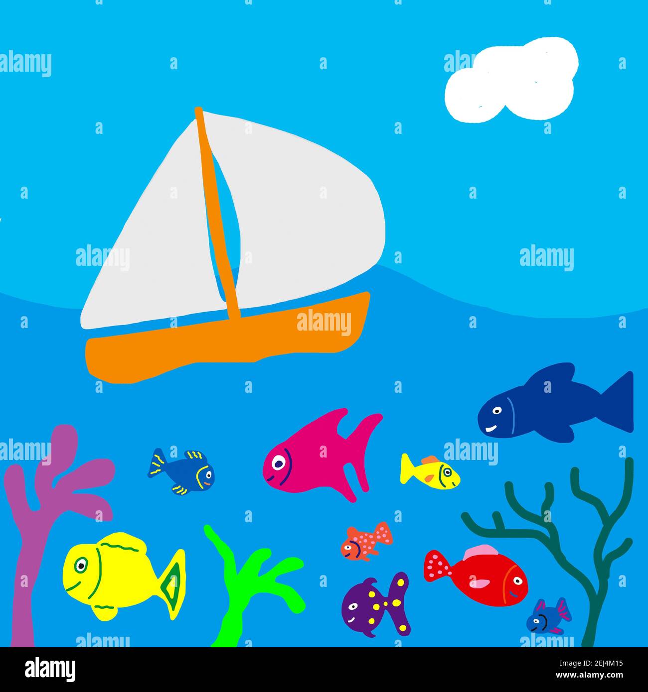 Illustrazione ingenua, disegno bambini, barca a vela e pesce in mare Foto  stock - Alamy