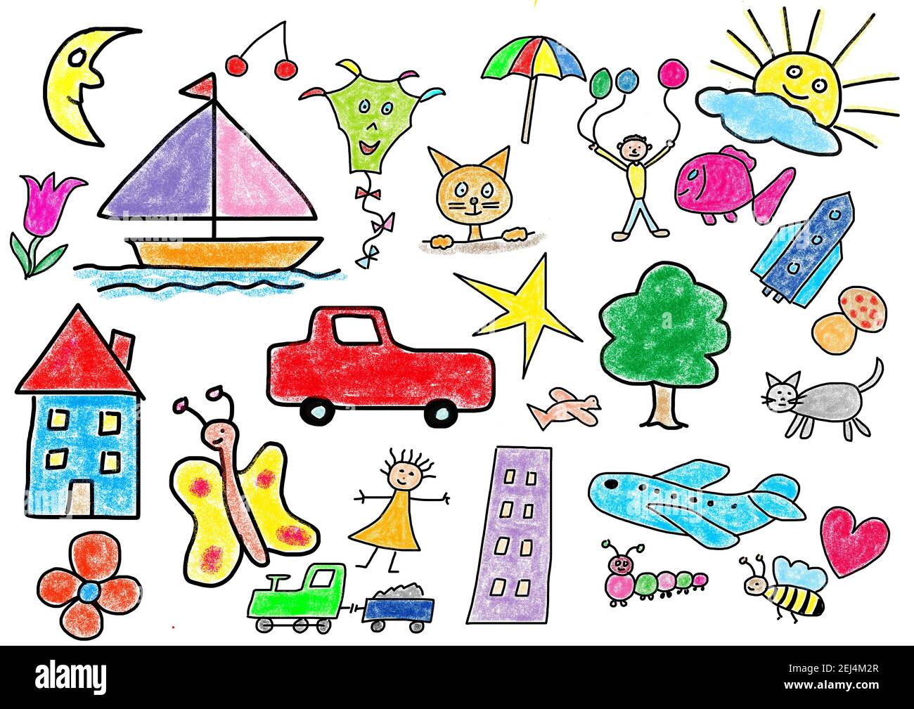 Illustrazione ingenua, disegni per bambini di simboli estivi simboli di viaggio e animali Foto Stock