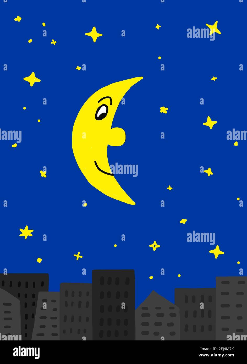 Illustrazione ingenua, disegno di bambini, cielo stellato e luna su una città con grattacieli Foto Stock
