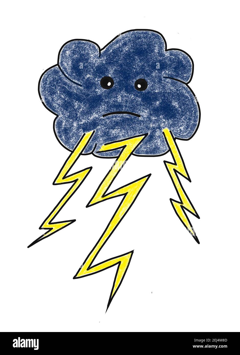 Illustrazione ingenua, disegno di bambino, nubi di tempesta cupe con i fulmini Foto Stock