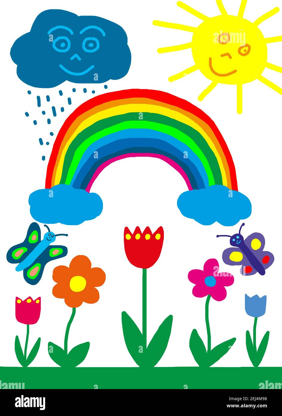 Illustrazione ingenua, disegno di bambini, arcobaleno su prato di fiori  colorati con farfalle pioggia nuvole e sole Foto stock - Alamy