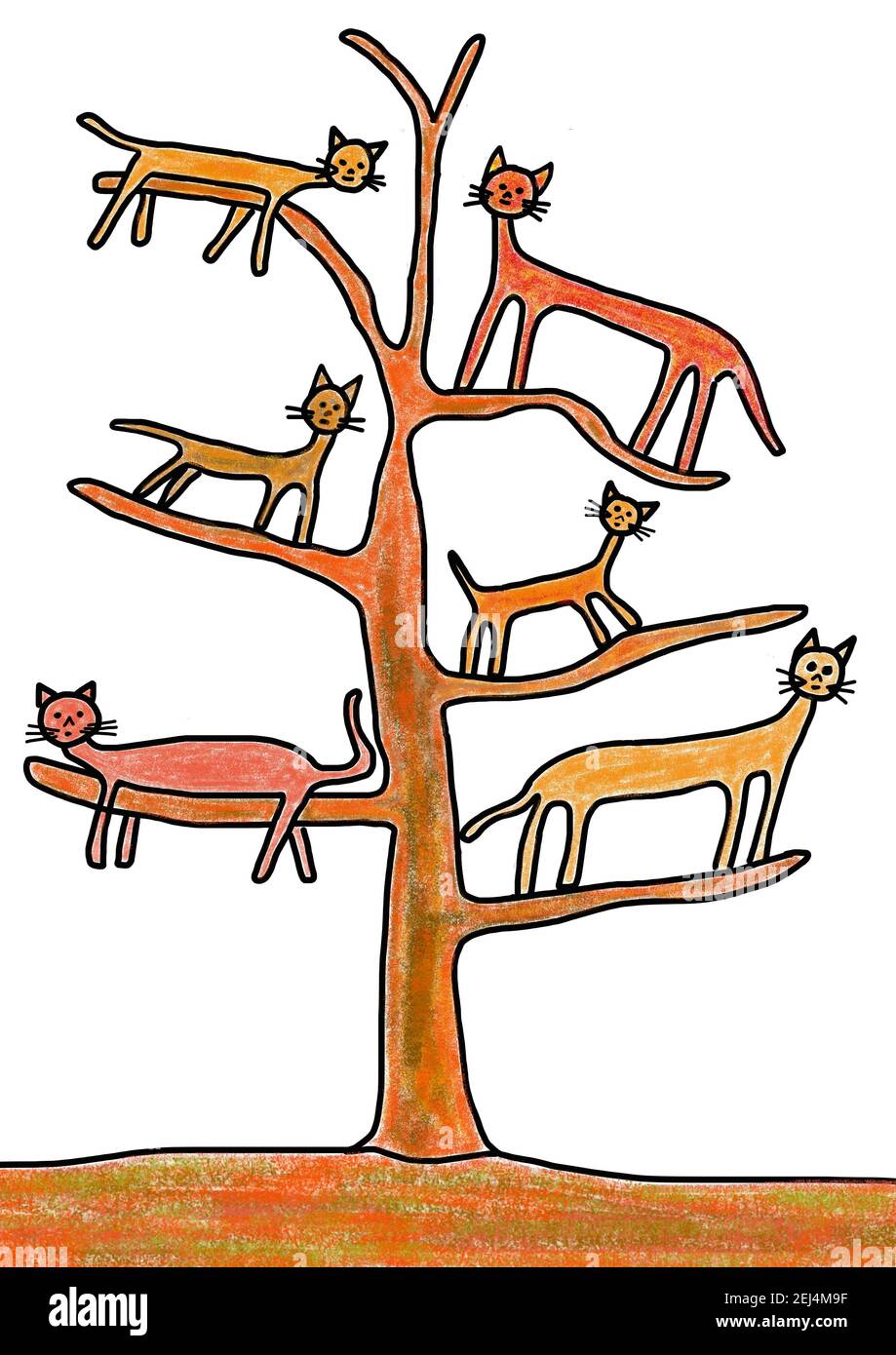 Illustrazione ingenua, disegno di bambini, gatti di preda in piedi su un albero, Austria Foto Stock
