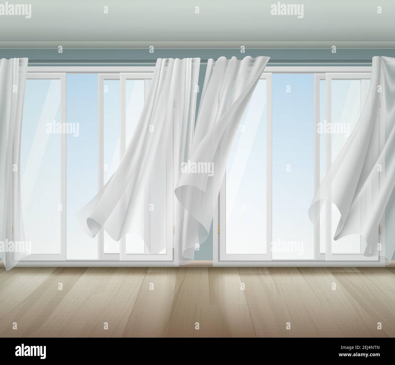 Finestra aperta con cornice bianca e tende trasparenti leggere che si  inondano sul vento, pavimento in legno illustrazione vettoriale Immagine e  Vettoriale - Alamy