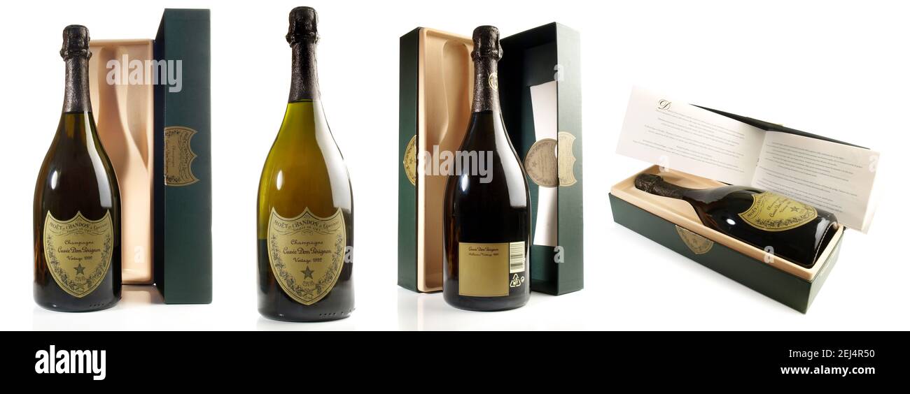 Bottiglie di champagne Dom Perignon isolate su sfondo bianco Foto Stock