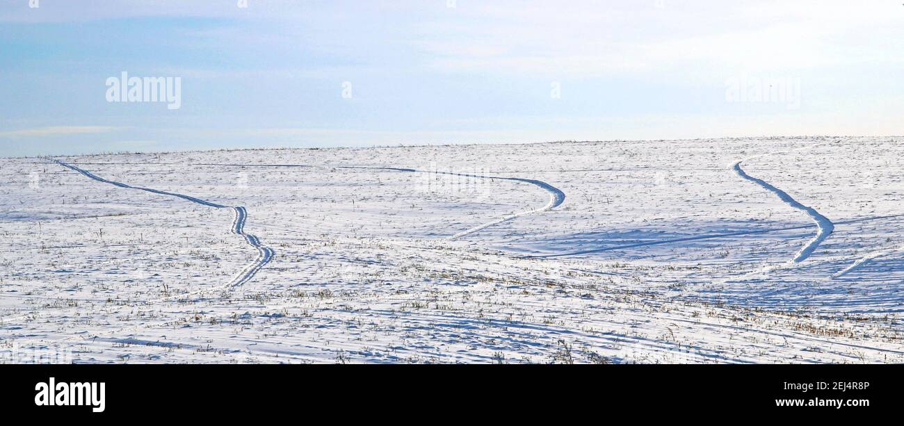 Incredibile paesaggio di un campo nevoso aspro da tracce di ruote. Foto Stock