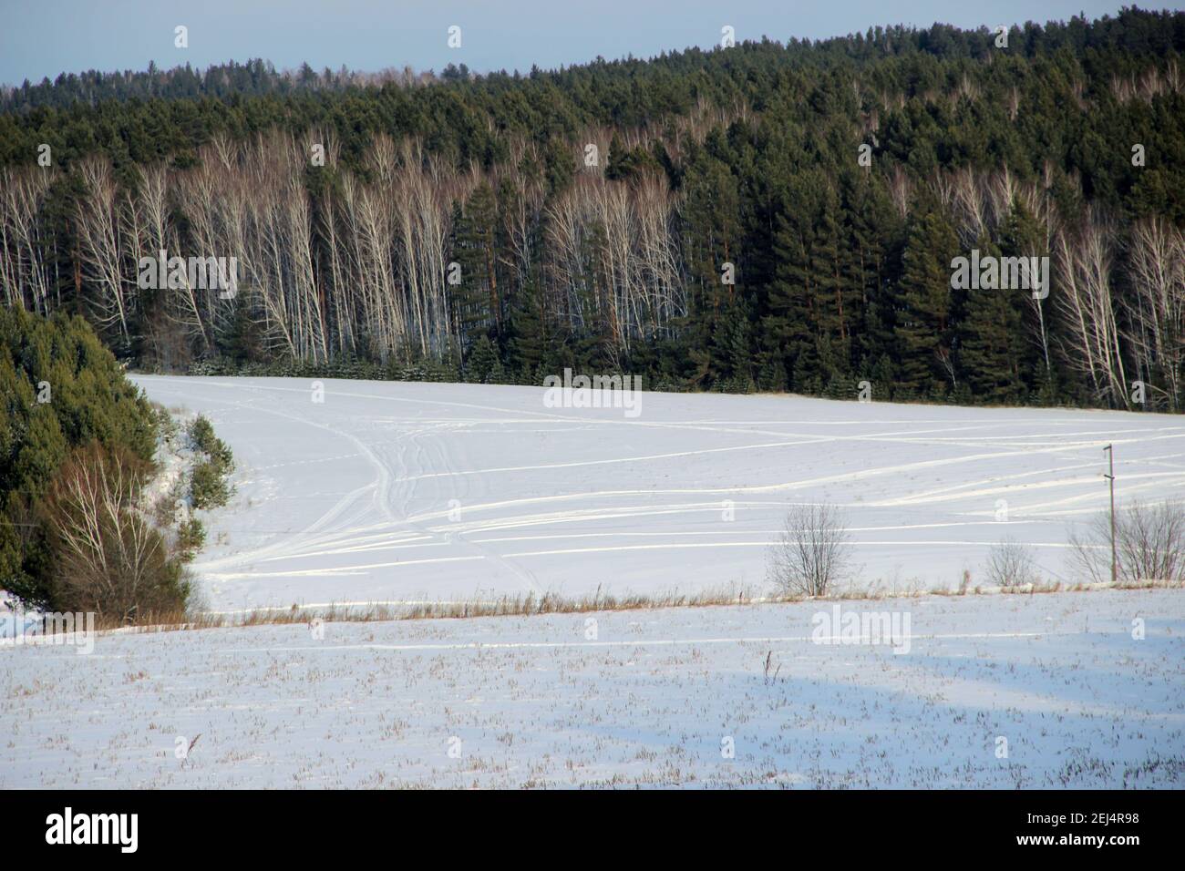 Incredibile paesaggio di un campo nevoso aspro da tracce di ruote. Foto Stock