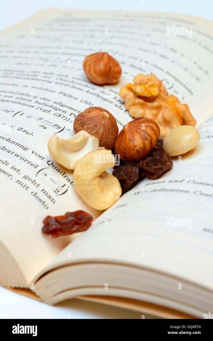 Trail mix, noce mix, noci, anacardi, mandorle, uvetta, nocciole Foto Stock