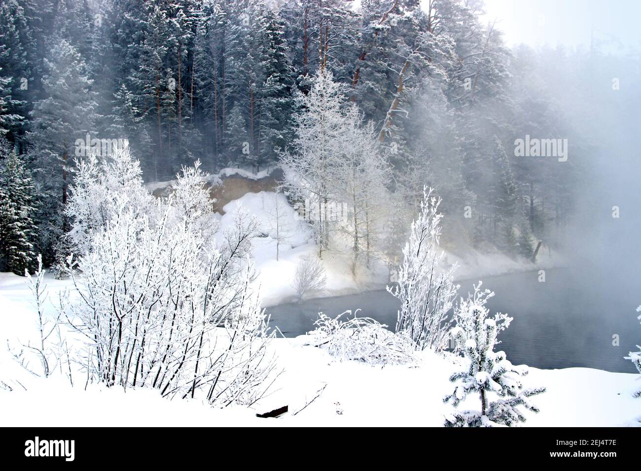 Ripide rive innevate sono coperte di foreste di conifere. Cielo limpido e gelido. La nebbia sale dall'acqua. Foto Stock