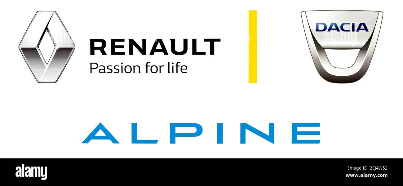 Logo del marchio Renault, Dacia e Alpine, spazio libero su sfondo bianco Foto Stock