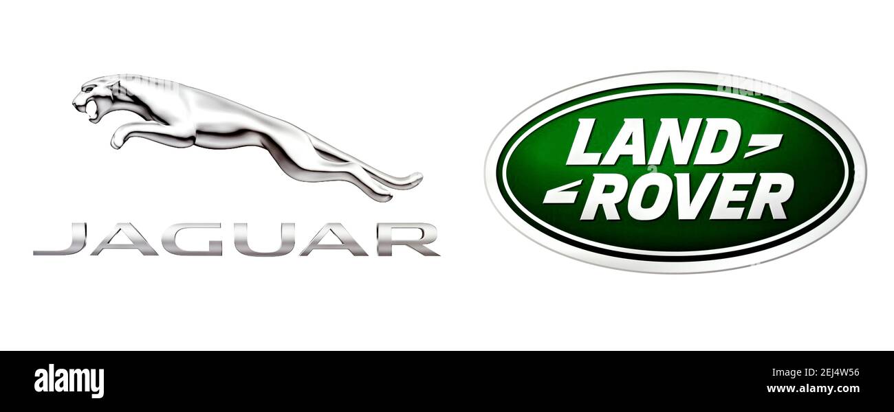 Logo del marchio Jaguar e Land Rover, spazio libero su sfondo bianco Foto Stock