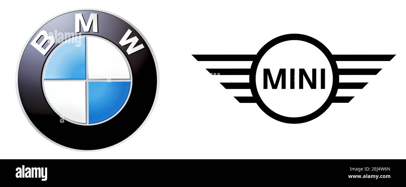 Logo del marchio auto BMW e Mini, ritagliato su sfondo bianco Foto Stock