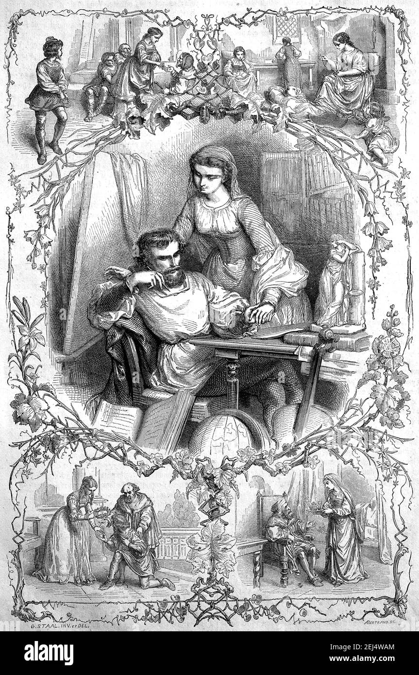 L'influenza delle donne sugli uomini, stampa simbolica di legno del 1850, Inghilterra, Regno Unito Foto Stock