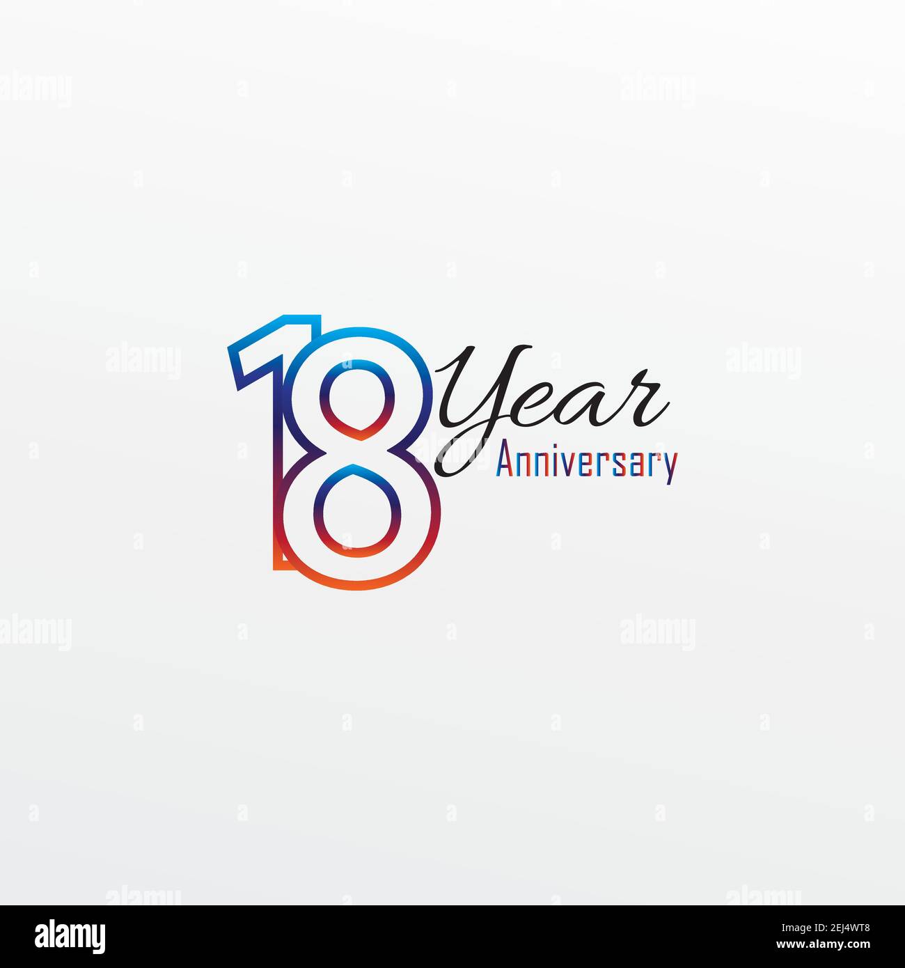 18 anni anniversario celebrazione blu colori comical Design logotipo. Anniversario logo isolato su sfondo bianco, vettore orizzontale numero disegno f Illustrazione Vettoriale