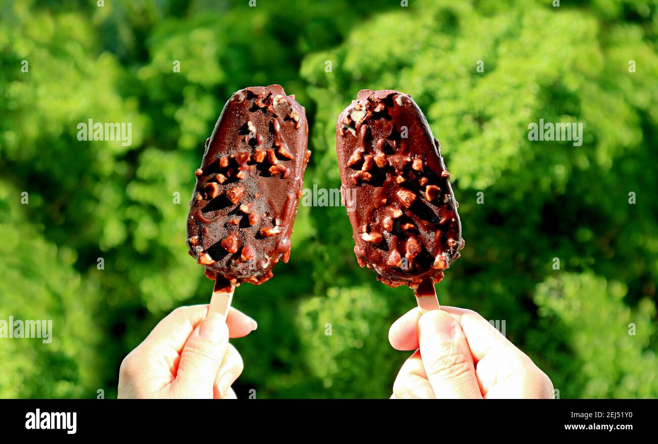 Coppia di barrette di gelato ricoperte di cioccolato in mano di coppia Con giardino sunny sfocato in background Foto Stock