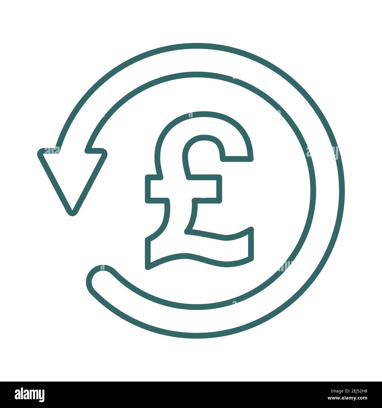 Simbolo dell'icona cancelletto di chargeback, restituire denaro gbp isolato su sfondo bianco . Illustrazione Vettoriale