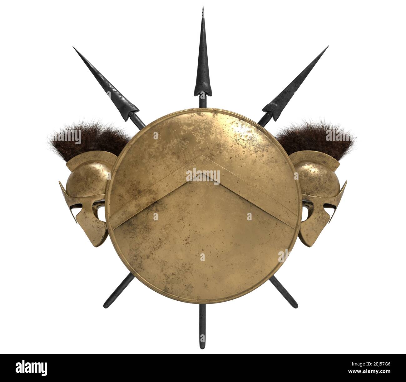 Rappresentazione 3d isolata composizione di scudo spartano, caschi e lance su sfondo bianco. Foto Stock