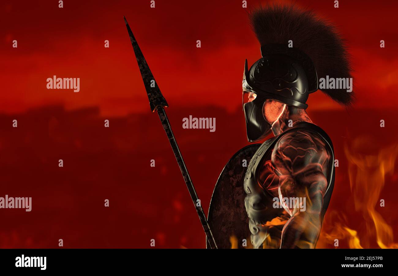 rappresentazione in 3d del demigodo sparo di re spartano in armatura e casco, tenendo la lancia e lo scudo su sfondo rosso. Foto Stock