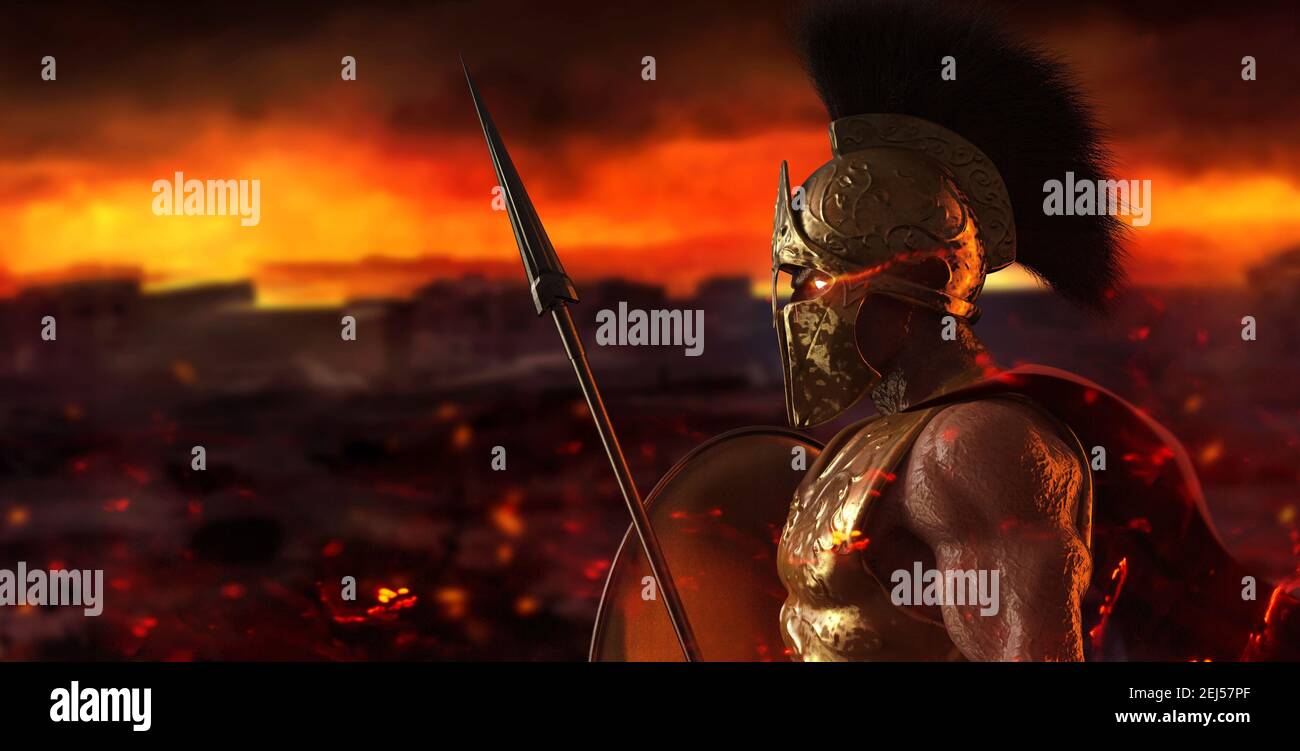 rappresentazione in 3d del demigodo del re spartano in armatura dorata e casco, tenendo la lancia e lo scudo sullo sfondo ardente del campo di battaglia. Foto Stock