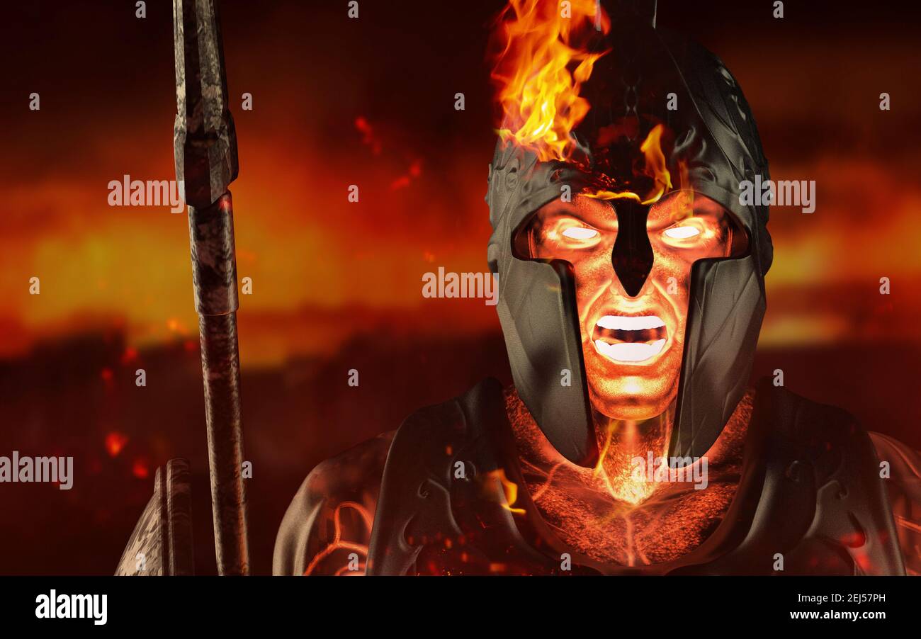 rappresentazione in 3d del volto spartano del re del fuoco in armatura e casco, tenendo la lancia sullo sfondo del campo di battaglia. Foto Stock
