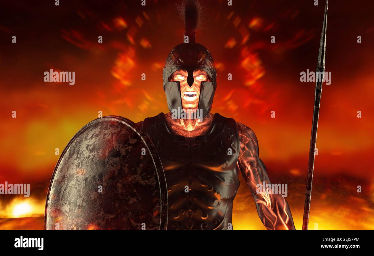 rappresentazione in 3d del demigodo del re sparo spartano in armatura e casco, tenendo la lancia e lo scudo sullo sfondo del campo di battaglia. Foto Stock