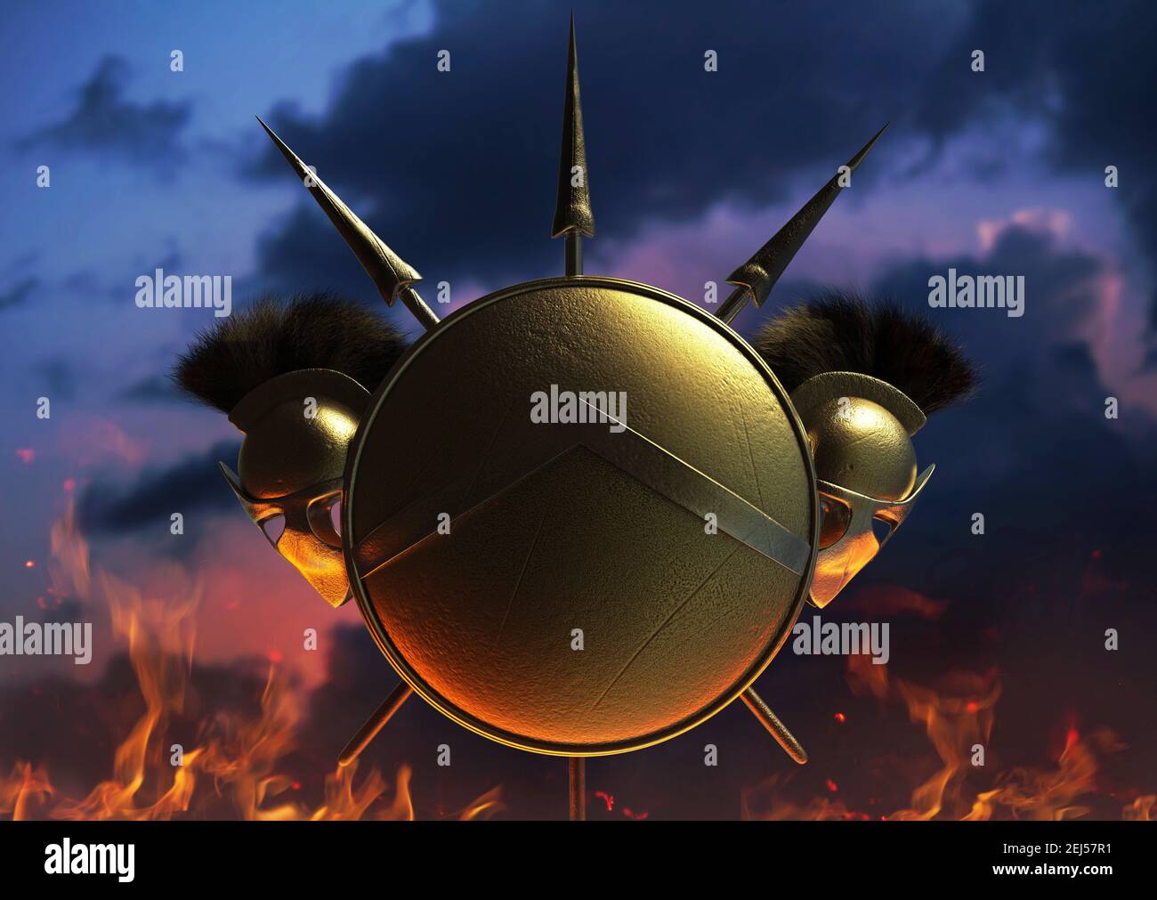 rappresentazione in 3d di casco, scudo e lance spartano corazzati sullo sfondo dei cieli serali. Foto Stock