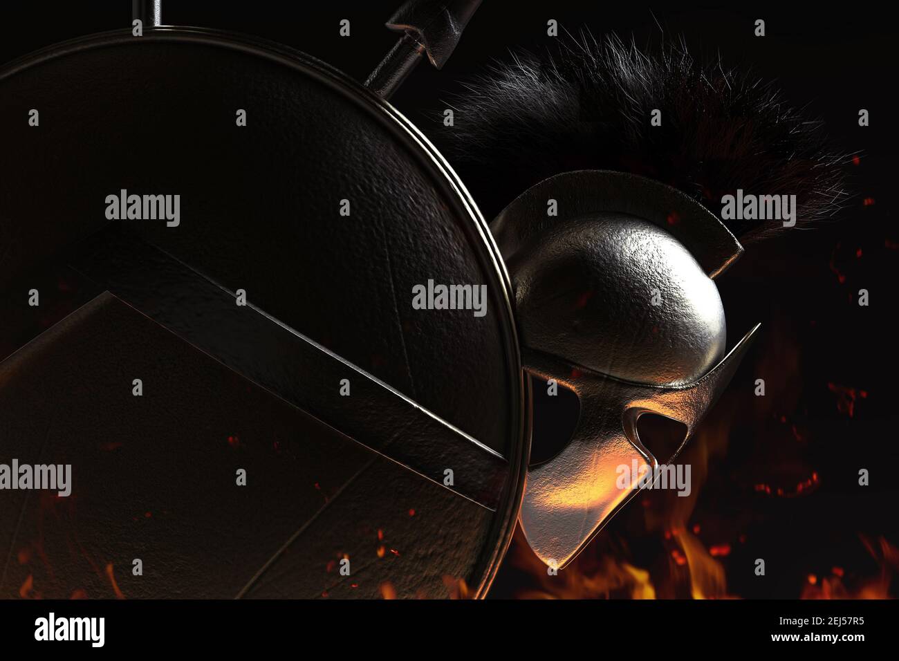 rappresentazione in 3d del casco corazzato spartano e dello scudo ombreggiato su sfondo scuro. Foto Stock