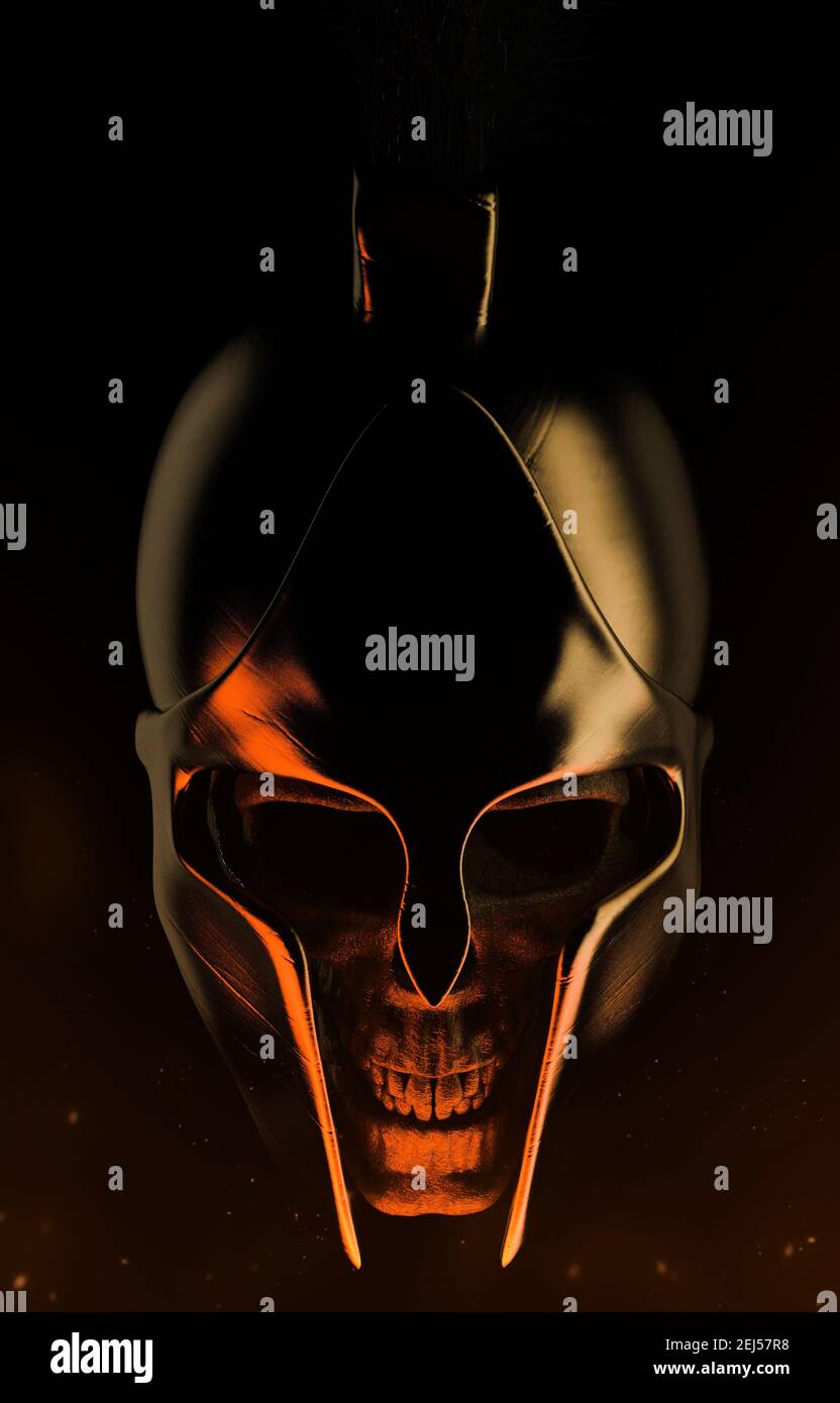 rappresentazione in 3d del cranio guerriero spartano nella composizione del casco su sfondo scuro. Foto Stock