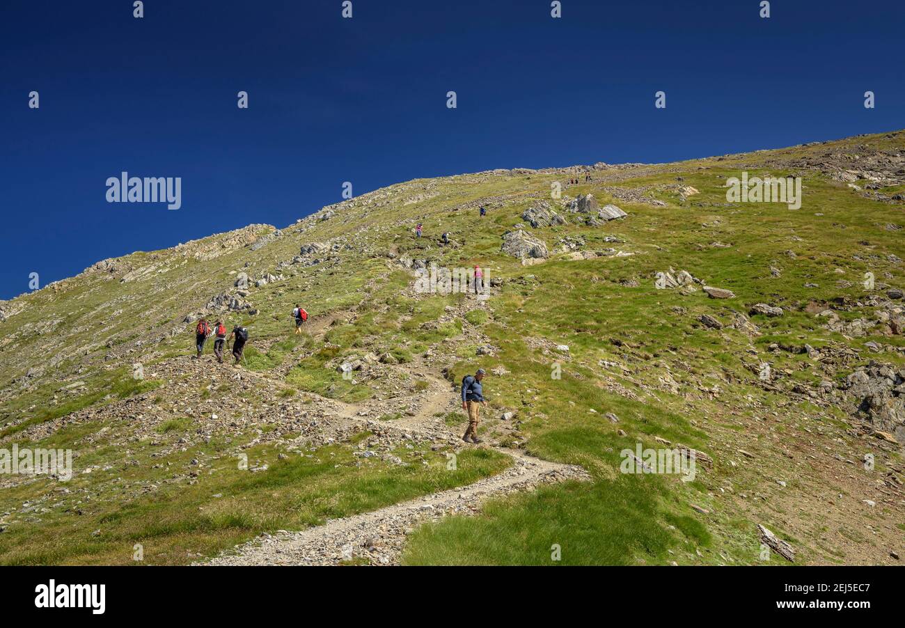 Ultima salita fino alla cima del Monte Valier, vista dal col Faustin (passo di montagna) (Ariège, Pirenei, Francia) Foto Stock