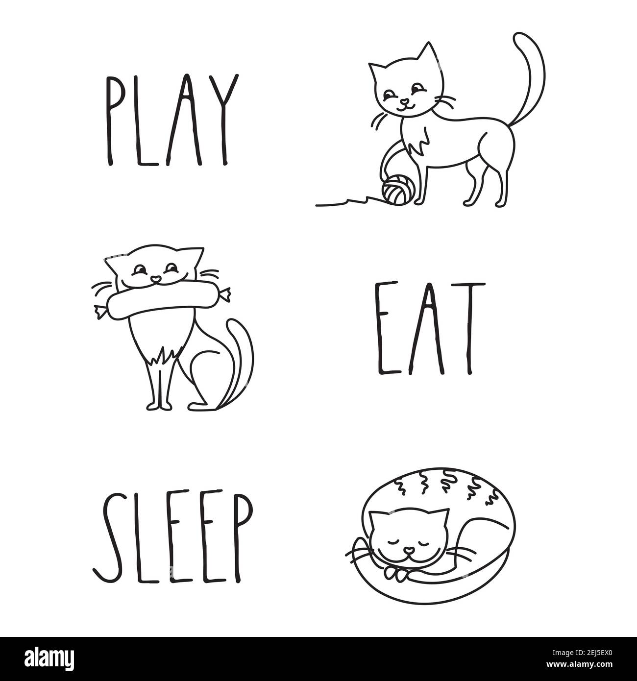 Carta divertente con i gatti di doodle e phrase-play, eat e sleep.Poster Su sfondo bianco,illustrazione vettoriale Illustrazione Vettoriale