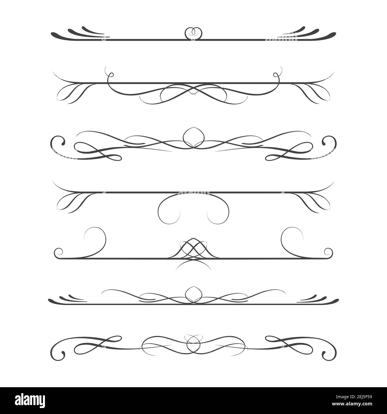 Set di elementi di progettazione calligrafica - divisori, oggetti di decorazione a linee sottili, isolati su sfondo bianco, illustrazione vettoriale. Illustrazione Vettoriale