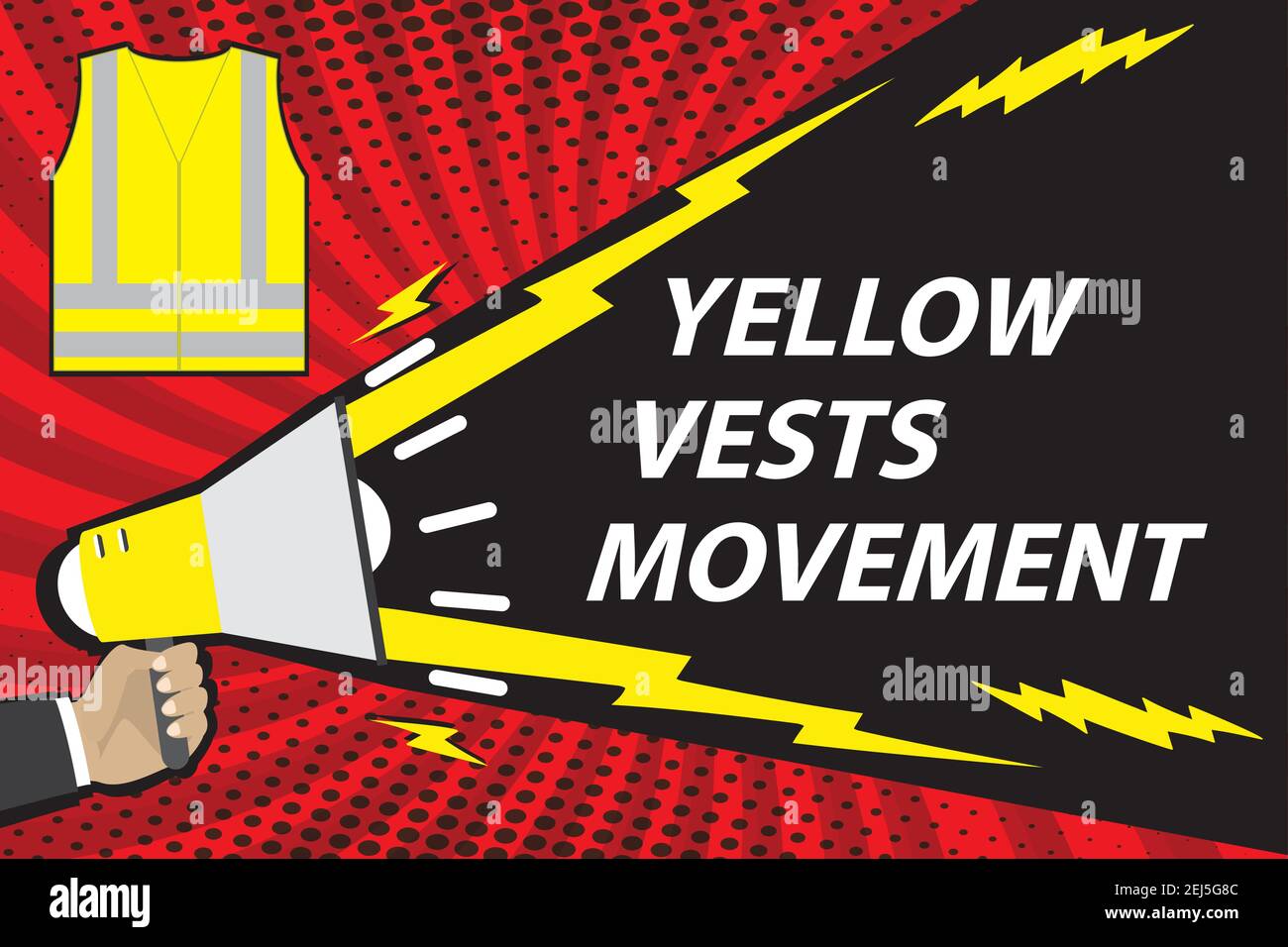 Megafono con lancetta e giubbotti di colore giallo e giallo Uniforme da lavoro con strisce riflettenti, giubbotti di protesta in Paris Concept, fumetto p. Illustrazione Vettoriale