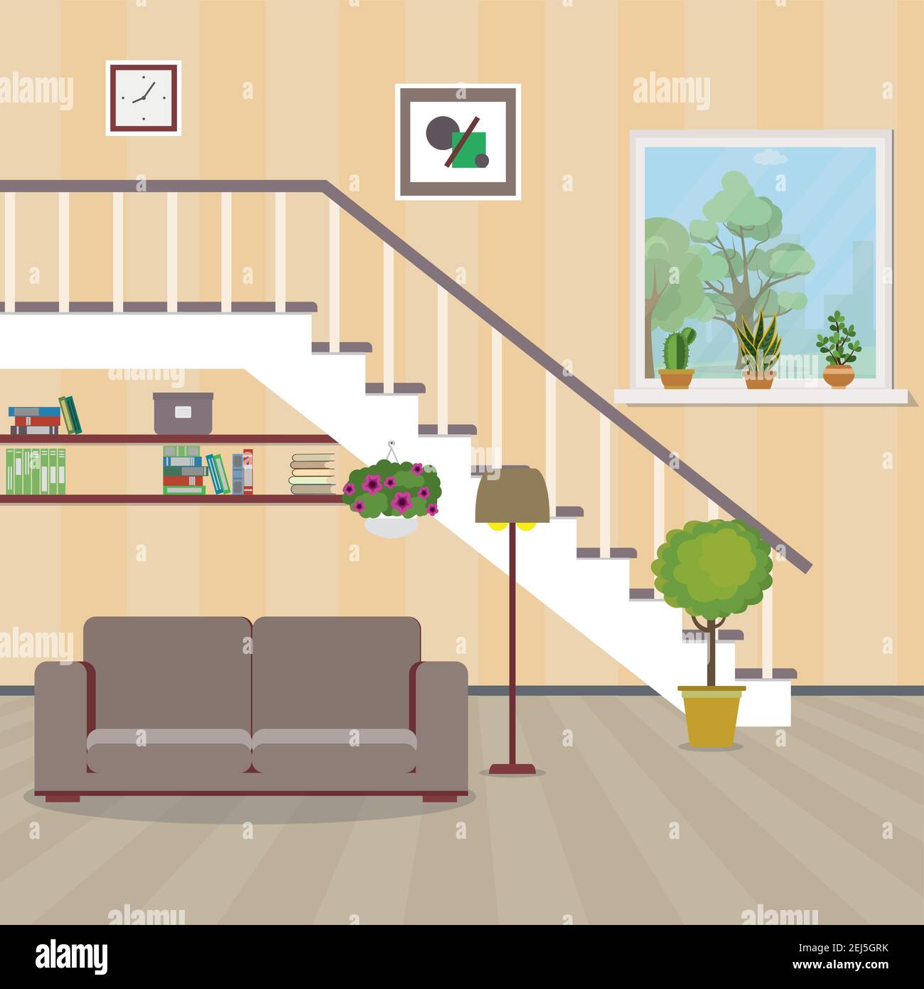 Home interior.sofa situato sotto le scale, vaso con una pianta, lampada e altri mobili, flat vettore illustrazione. Illustrazione Vettoriale