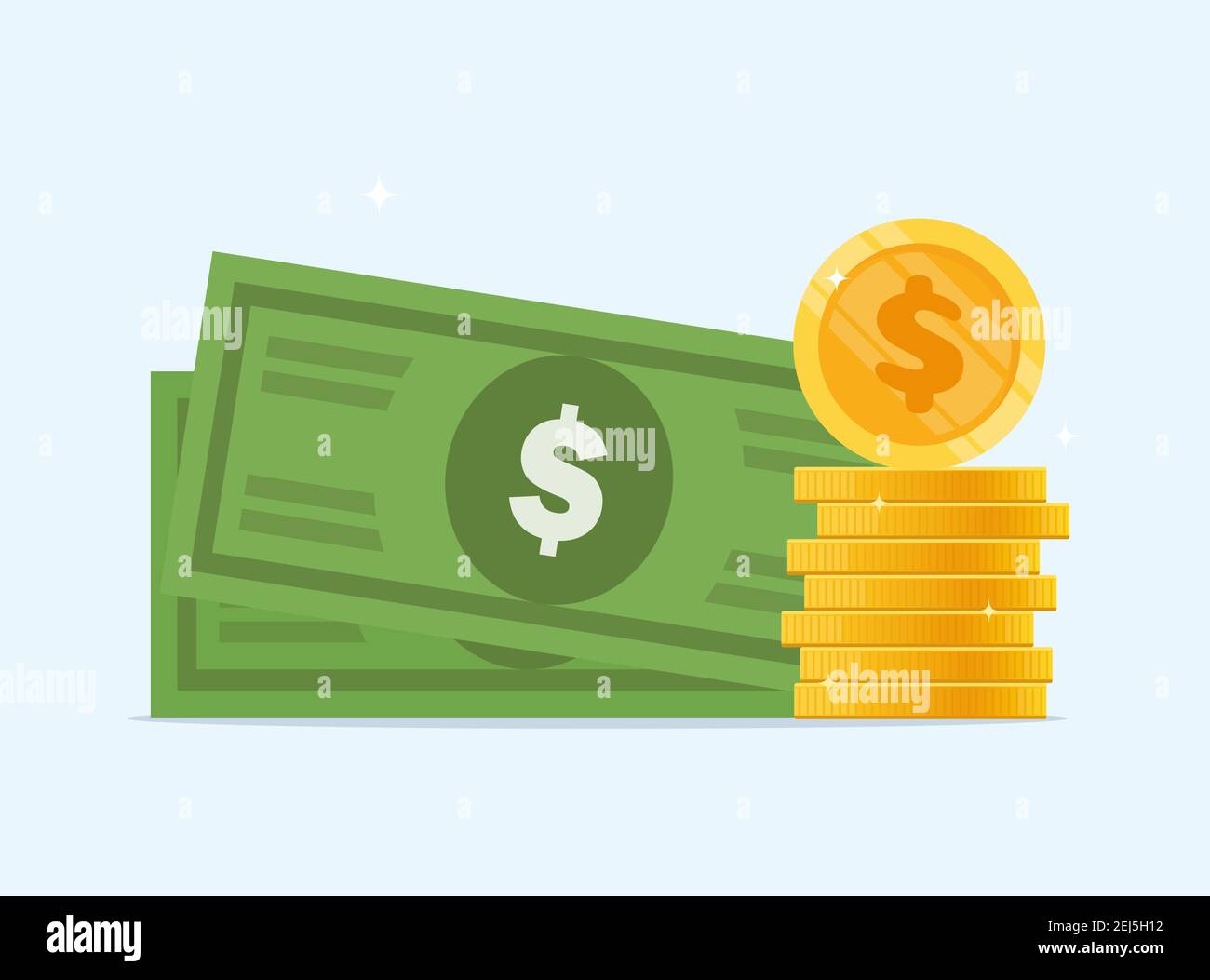 Banconote e monete in dollari. Icona denaro, nota bancaria per infografiche simboli, denaro in dollari, illustrazione vettoriale piatta Illustrazione Vettoriale