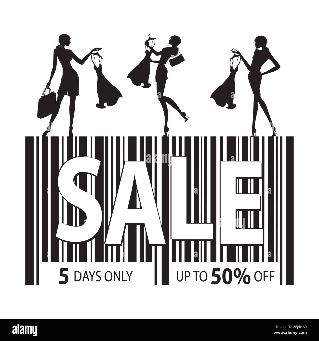 Icona codice a barre con vendita di testo e sagome nere da donna con borse e abbigliamento, shopping e vendita concetto, isolato su bianco background, stock v Illustrazione Vettoriale